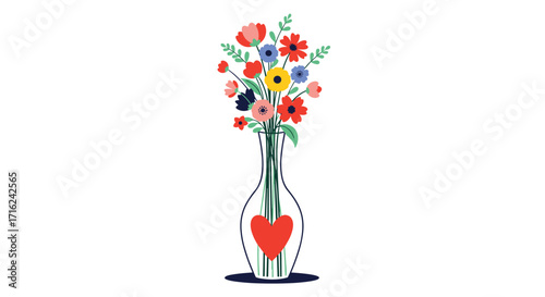 A vibrant collection of cheerful blooming flowers elegantly arranged in a clear glass vase with a charming red heart design.