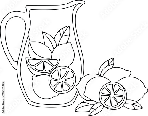 Refreshing hand drawn pitcher of lemonade with fresh lemons and leaves outline