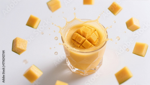 Mango smoothie splash with floating mango cubes on white background