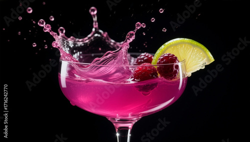Raspberry cocktail splash in coupe glass with lime wedge