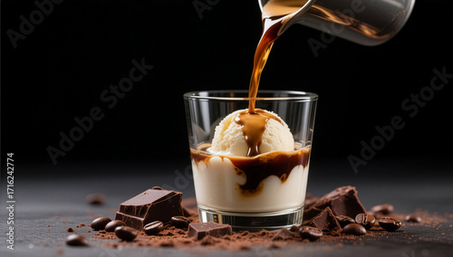 Affogato dessert with hot espresso poured over vanilla ice cream