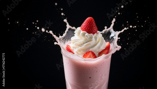 Strawberry milkshake with whipped cream and splash