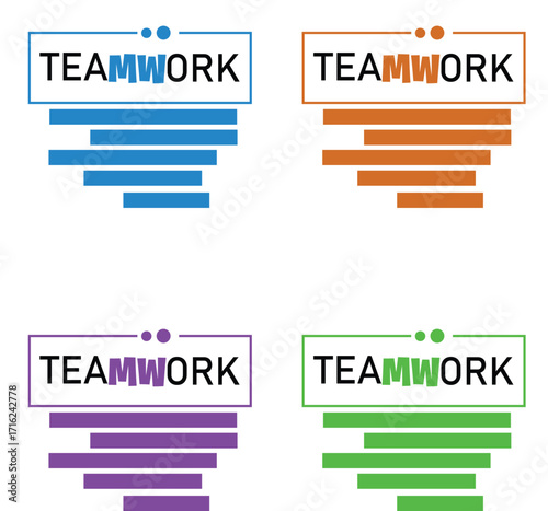 Four teamwork graphics with different colors and horizontal bars on a white background image view