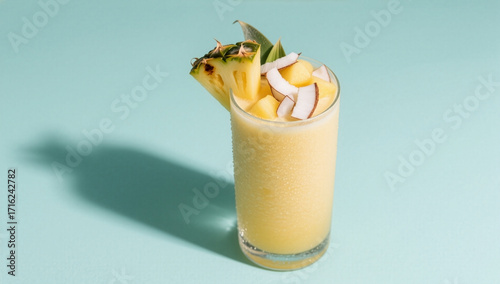 Piña colada style pineapple and coconut smoothie on aqua background