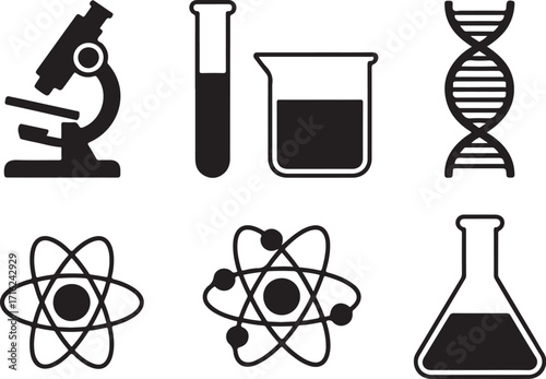 Science icons microscope DNA atoms lab equipment