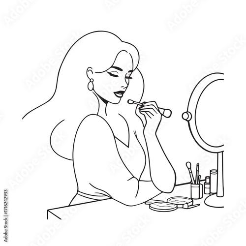 Black and white line art of a beautiful woman doing makeup at dressing table with mirror illustration