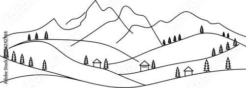 Simple hand drawn landscape with mountains rolling hills and trees sketch art