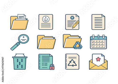 Collection of Business Icons Representing Files Folders and Data Management with Cute Flat Design Style for Web and App Development