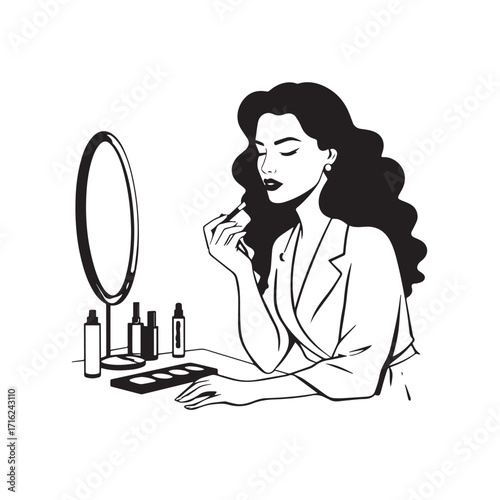 Black and white line art of a beautiful woman doing makeup at dressing table with mirror illustration
