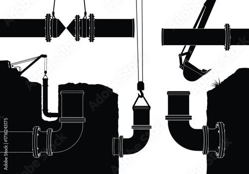 silhouette, pipeline, installation, crane, excavator, trench, pipe, section, join, lift, construction, site, vector, black, icon, design, industrial, engineering, project, infrastructure