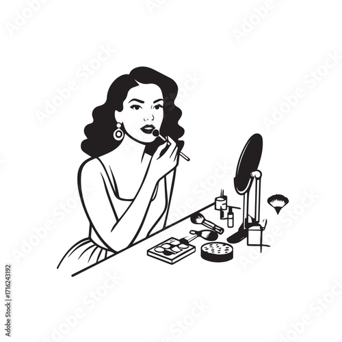 Black and white line art of a beautiful woman doing makeup at dressing table with mirror illustration