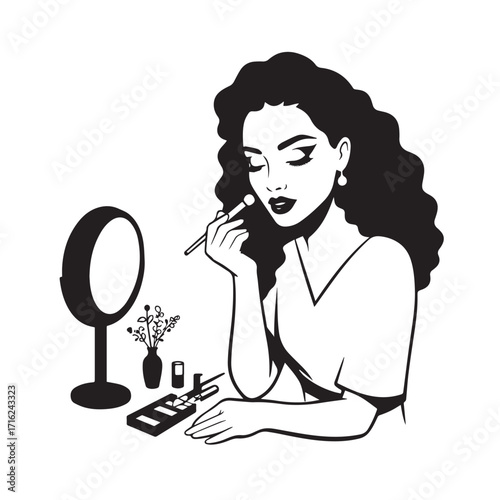 Black and white line art of a beautiful woman doing makeup at dressing table with mirror illustration