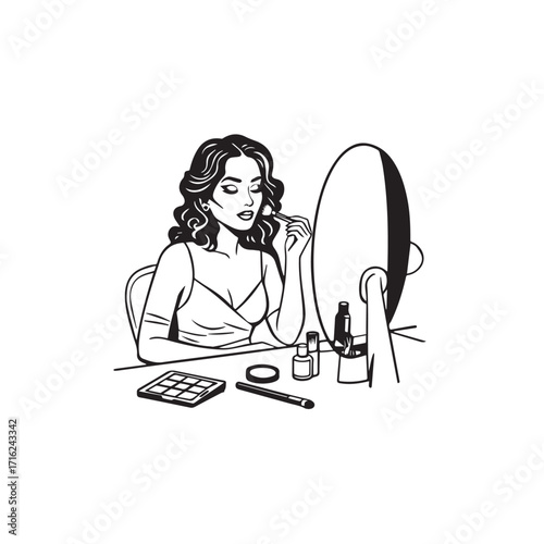 Black and white line art of a beautiful woman doing makeup at dressing table with mirror illustration