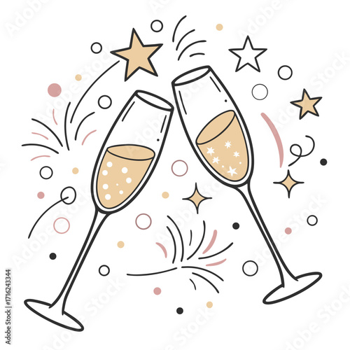 Elegant illustration of two champagne glasses clinking together for a celebratory toast
