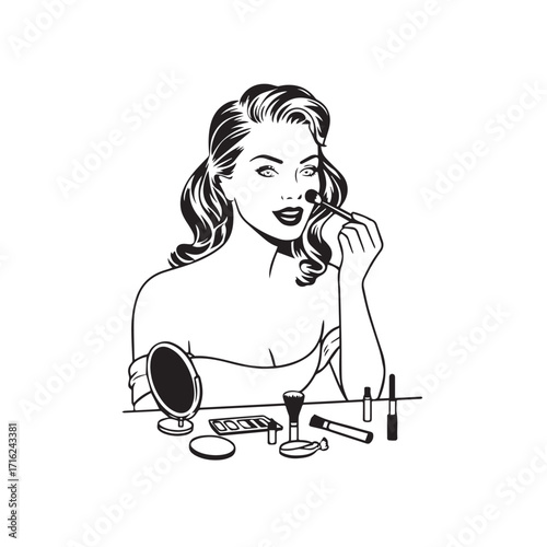 Black and white line art of a beautiful woman doing makeup at dressing table with mirror illustration