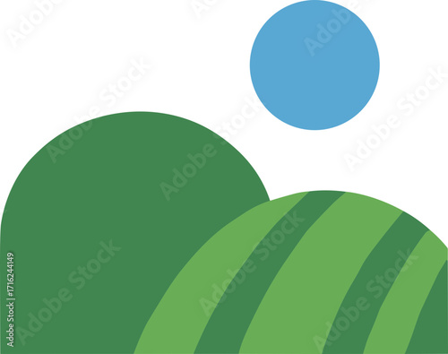 Minimalist Flat Landscape of Rolling Hills Under a Blue Circle Sky Illustration