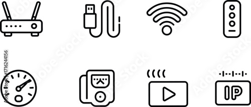 Internet and network icons, Wi-Fi, router, USB cable, IP address, speed test, modem, data transfer, online connection, network settings, digital communication, internet technology, wireless signal, 