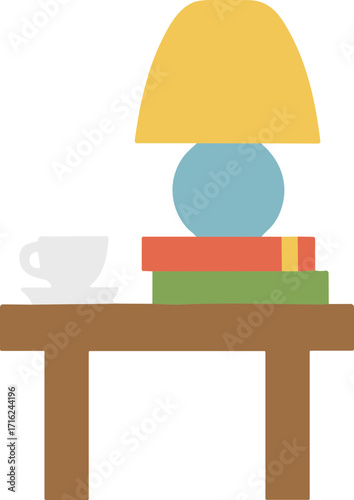 Flat Style Bedside Table with Lamp and Book Pile Illustration