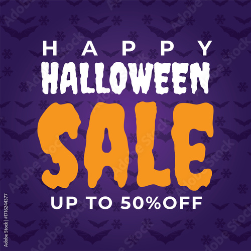 Halloween Sale: A spooky and inviting Halloween sale announcement against a background of a spooky, violet, dark atmosphere, perfect for grabbing the attention of potential buyers.