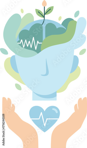 Minimalist Flat Head with Brain Growing and Heart in Hand Illustration