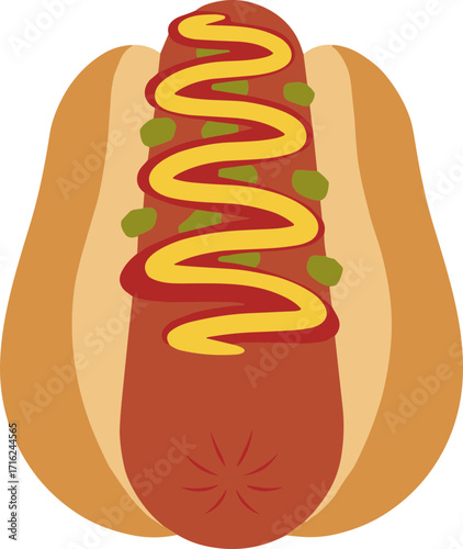 Flat Style Delicious Hotdog with Mustard and Ketchup Icon Illustration