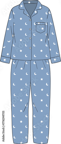 Detailed Flat Illustration of Light Blue Pajamas with Moon and Stars