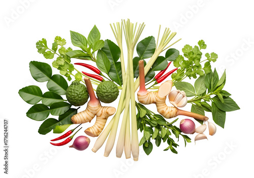 Overhead shot of fresh thai herbs and spices, including galangal, lemongrass, kaffir lime leaves, chilies, and basil isolated on transparent background