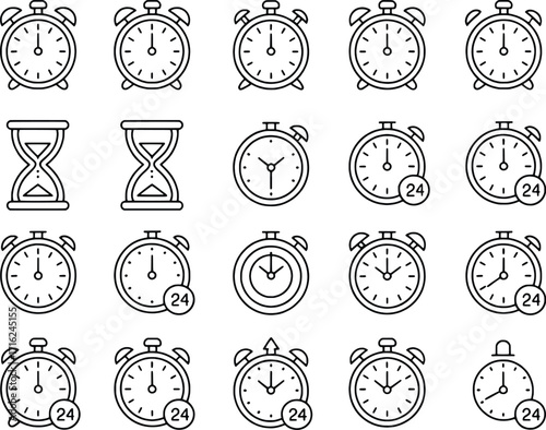 Collection of vintage alarm clocks and hourglasses symbolizing time management and scheduling concepts
