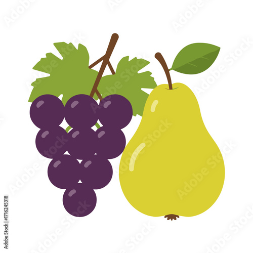 Grapes and pear with green leaves on white background  