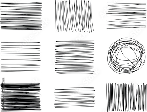 Collection of nine textured grunge line patterns and scribble circles for artistic backgrounds