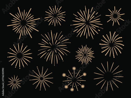 Collection of golden and silver festive fireworks explosions displaying celebration and joy