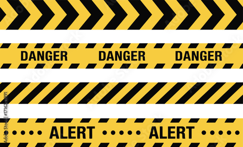 Four distinct caution tape designs alert danger warning stripes for safety and security zones