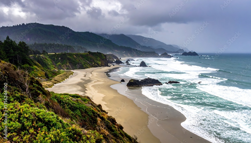 Obraz premium Dramatic coastal scenery with a beach, cliffs, and stormy sky