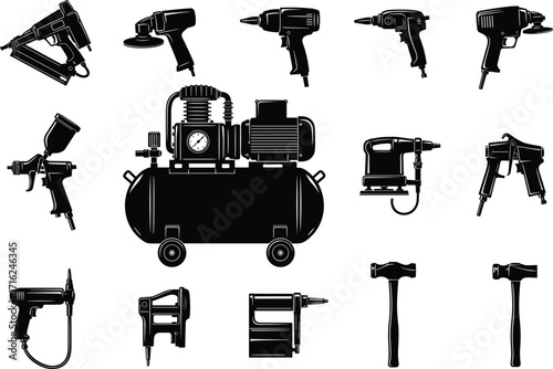 silhouette, pneumatic, tool, air, compressor, nail, gun, grinder, wrench, drill, spray, hammer, equipment, vector, black, icon, design, hardware, mechanic, industrial