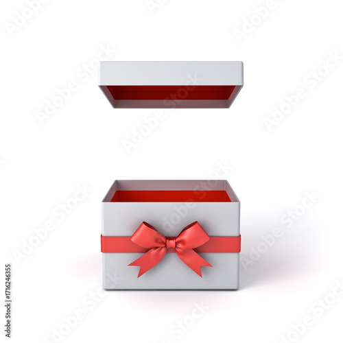 Front view of blank open square gift box with lid cover or opened present box product mock up display showcase with red ribbons and bow isolated over white background minimal concepts 3D rendering