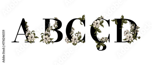 Set of flower alphabet. Collection of stylized floral letters and numbers with botany elements. Wedding font. Vector illustration of spring font for postcards.