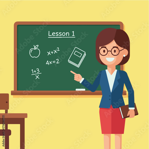 A smiling female teacher points to a green chalkboard with math equations and an apple drawing in a classroom setting.