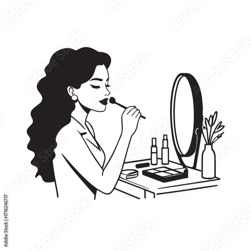 Black and white line art of a beautiful woman doing makeup at dressing table with mirror illustration
