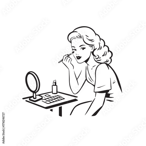 Black and white line art of a beautiful woman doing makeup at dressing table with mirror illustration
