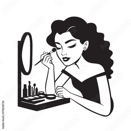 Black and white line art of a beautiful woman doing makeup at dressing table with mirror illustration
