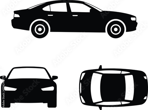 Modern sedan car silhouettes from side front and top views isolated on white