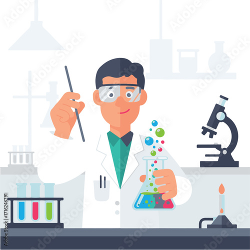 Illustration of a scientist holding a flask with bubbling colorful liquid in a laboratory setting, wearing safety goggles.