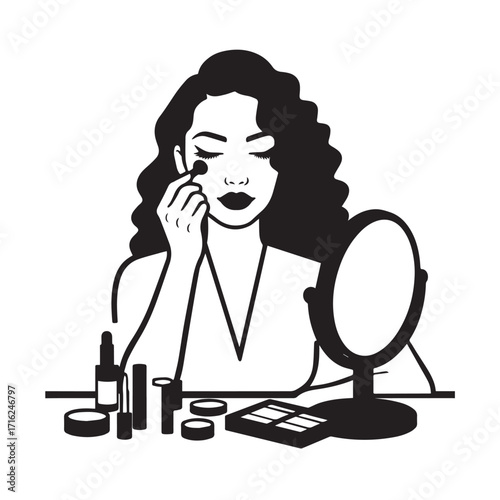 Black and white line art of a beautiful woman doing makeup at dressing table with mirror illustration
