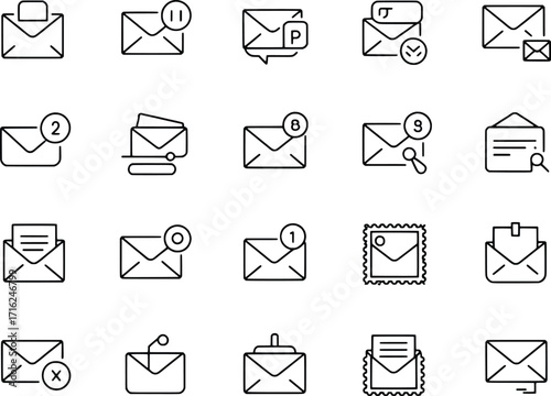Hand drawn email icons set with notifications and security features for digital communication