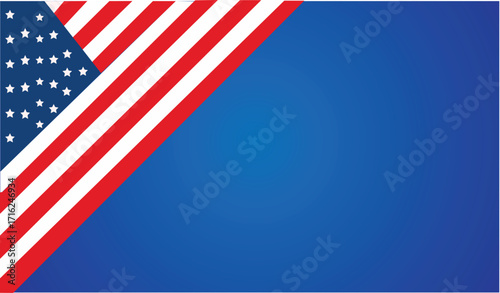American flag graphic with stars and stripes on a blue background in the upper left corner area