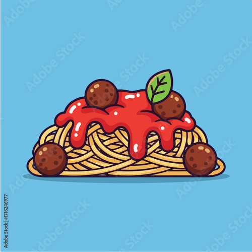Cartoon illustration of spaghetti with meatballs, topped with tomato sauce and a basil leaf, against a light blue background.