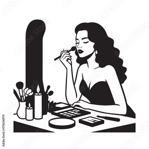 Black and white line art of a beautiful woman doing makeup at dressing table with mirror illustration
