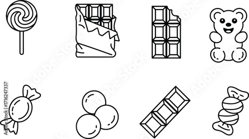 Candy icons set, lollipop, chocolate bar, gummy bear, sweet treat, candy wrapper, sugar dessert, confectionery, kids snack, chocolate icon, candy illustration, vector design, line art, food symbol, 