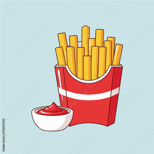Cartoon illustration of french fries in a red and white container with a side of ketchup in a small bowl.