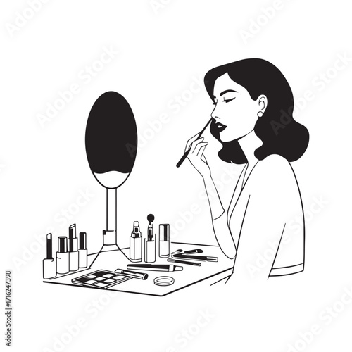 Black and white line art of a beautiful woman doing makeup at dressing table with mirror illustration
